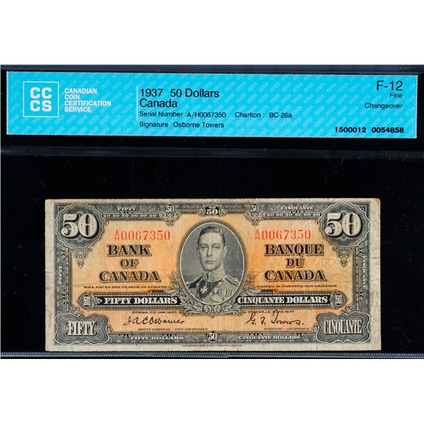 1937 $50 BC-26a #A/H0067350 CCCS F12
