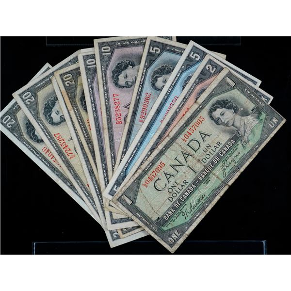 1954 Devil's Face Lot; $1-$20. Includes $1, $2, $5 (2), $10 (3), $20 (4) VG to VF+, Lot of 11 notes.