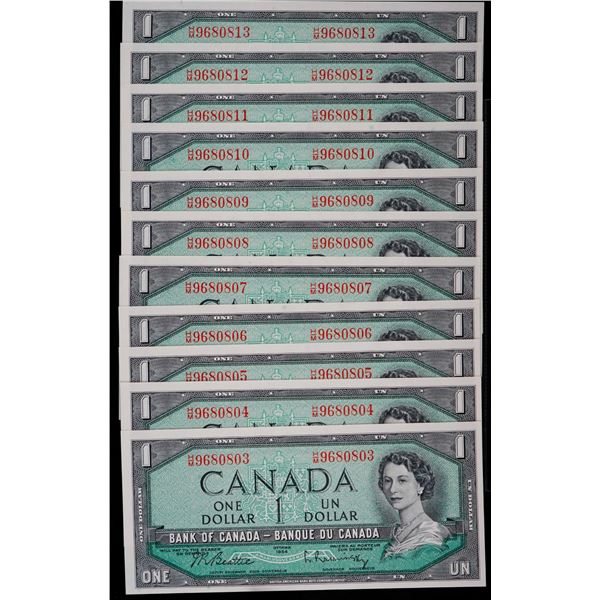 Consecutive run; 1954 $1 BC-37b-i #H/M9680801813 All Unc to choice Unc. Lot of 11 consecutive notes 