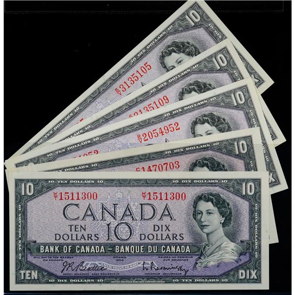 1954 $10 Lot; Includes Various signatures and better prefix.  All AU to Unc, Lot of 5 notes.
