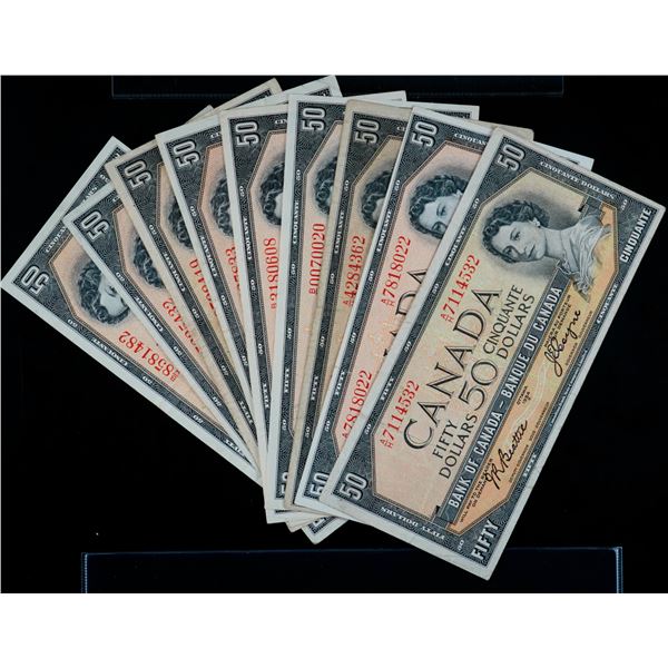 1954 $50 Lot;  Includes various signatures. All Fine to VF-EF.  Lot of 9 notes.