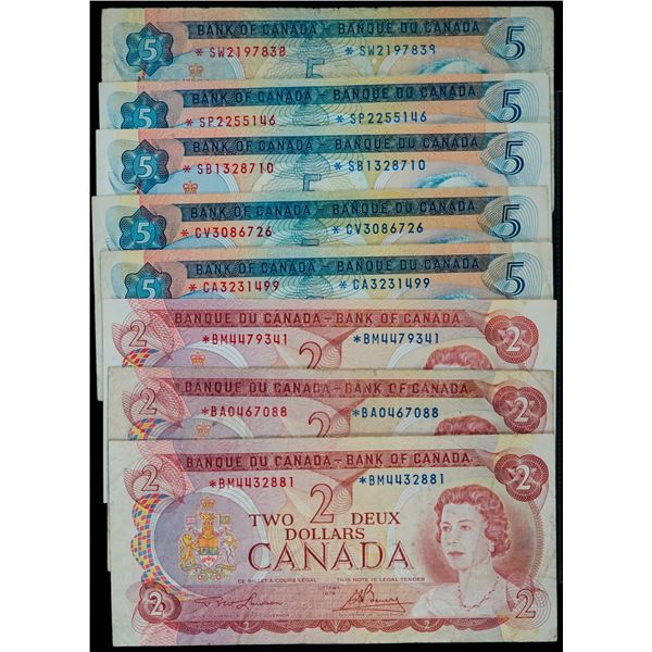 Replacement Lot; Includes 1974 $2'S & 1972 $5'S with various signatures, prefix.  Some better ones. 