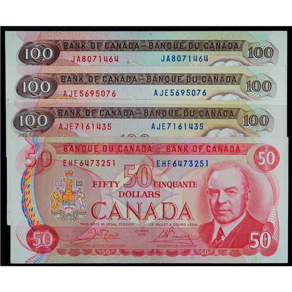 1975 $50 & $100 Lot; Includes various signatures & prefix.  EF to Unc.  Lot of 4 notes.
