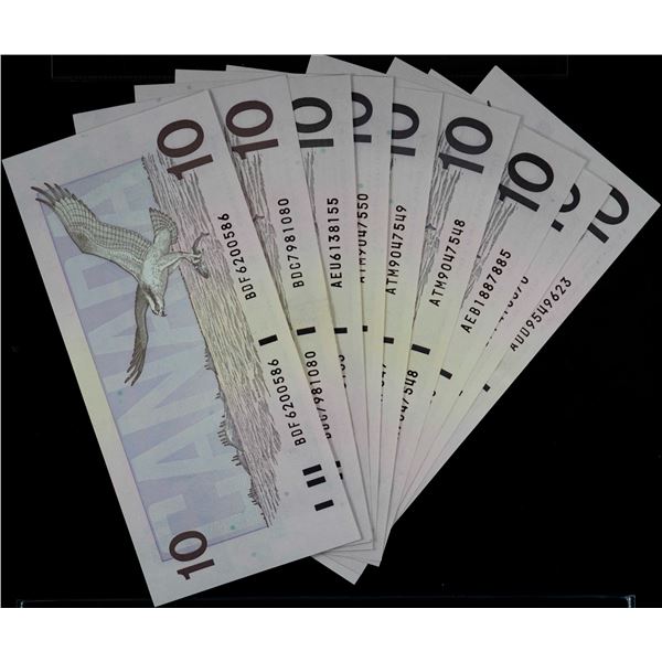 1989 $10 Lot; Includes various signatures & prefix.  Some better ones.  EF to Unc.  Lot of 9 notes.