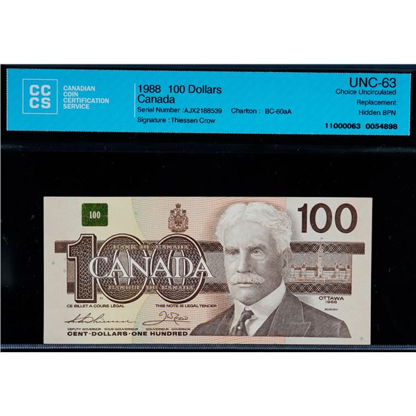 1988 $100 BC-60aA #AJX2188539 "Hidden BPN" CCCS UNC63