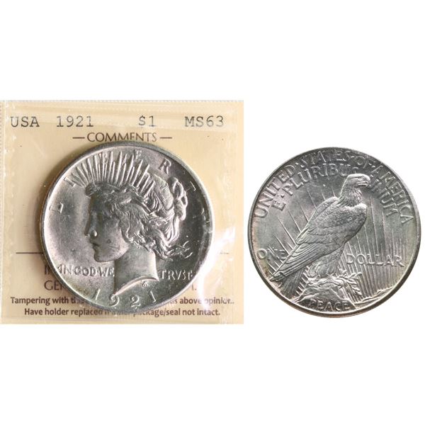 USA; 1921 $1 "PEACE" ICCS MS63