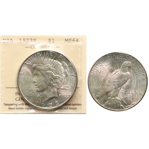 USA; 1923-S $1 "PEACE" ICCS MS64