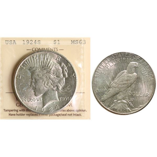 USA; 1924S $1 "PEACE" ICCS MS63