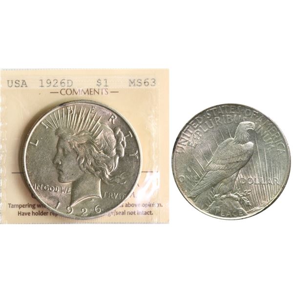 USA; 1926-D $1 "PEACE" ICCS MS63