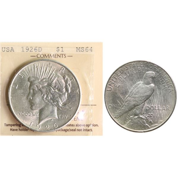 USA; 1926-D $1 "PEACE" ICCS MS64