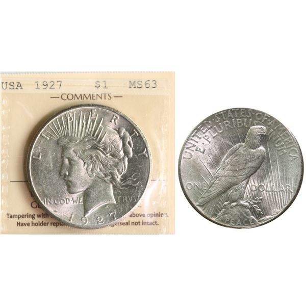 USA; 1927 $1 "PEACE" ICCS MS63