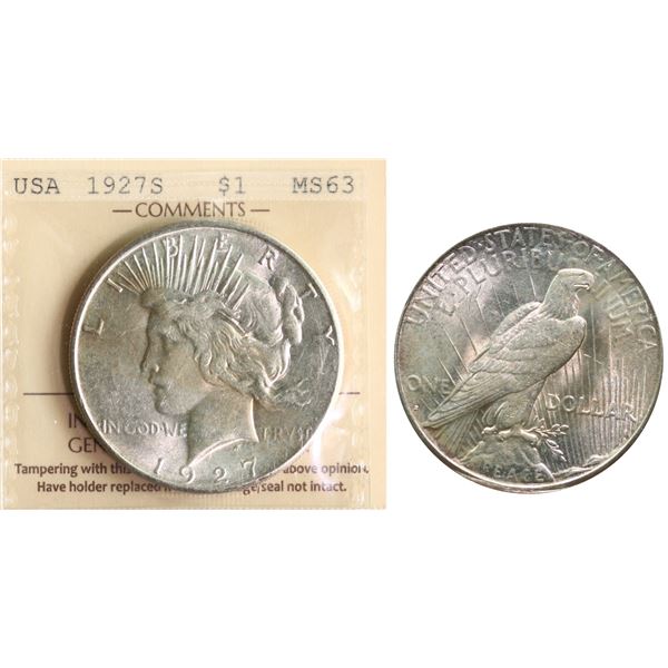 USA; 1927-S $1 "PEACE" ICCS MS63