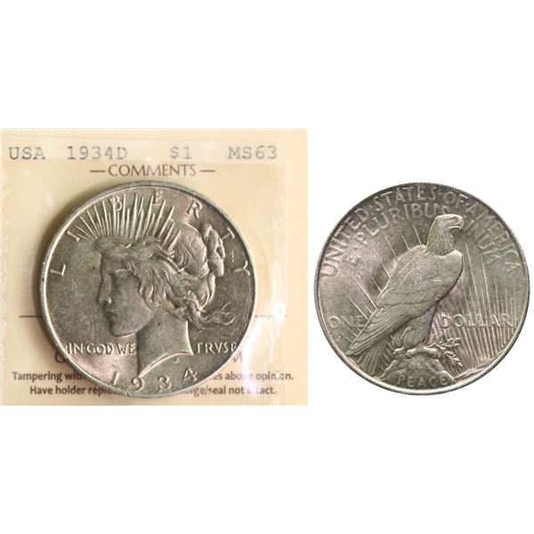USA; 1934-D $1 "PEACE" ICCS MS63