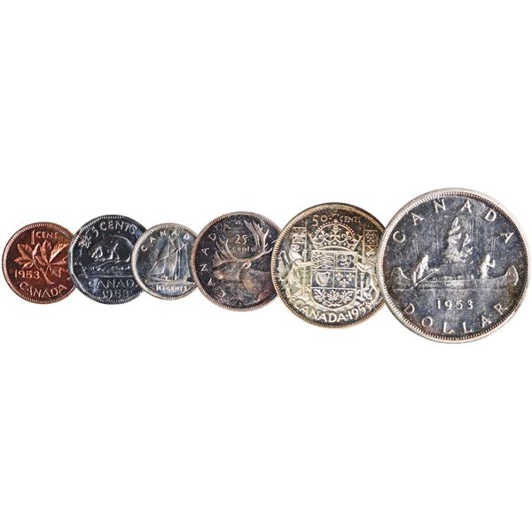 Proof-Like Set; 1953 "SF" PL Set.   1¢ is Full Red with cameo, 10¢ Heavy Cameo, 25¢  "SD - Heavy Cam