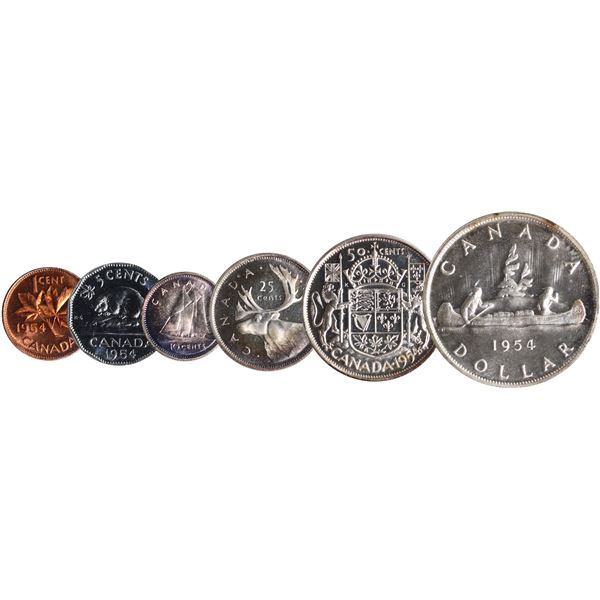 Proof-Like Set; 1954 "NSF" PL Set.   1¢ rare "NSF" 10¢ Heavy Cameo, 50¢ Cameo, -  All 6 coins ICCS C
