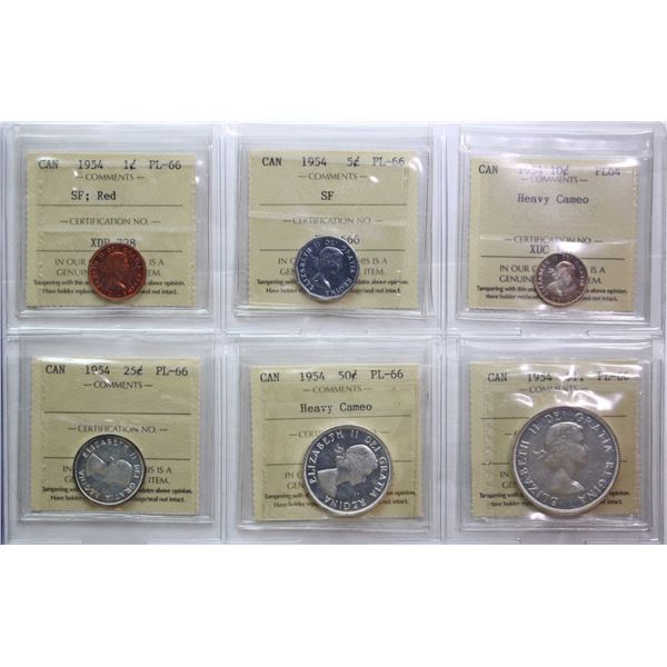 Proof-Like Set; 1954 "SF" PL Set.   1¢ is Full Red, 10¢ Heavy Cameo, 50¢ Heavy Cameo, -  All 6 coins