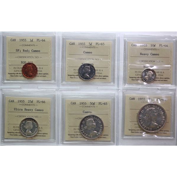 Proof-Like Set; 1955 "SF" PL Set.   1¢ is Red - Cameo, 5¢ Cameo, 10¢ Heavy Cameo, 25¢ Ultra Heavy Ca