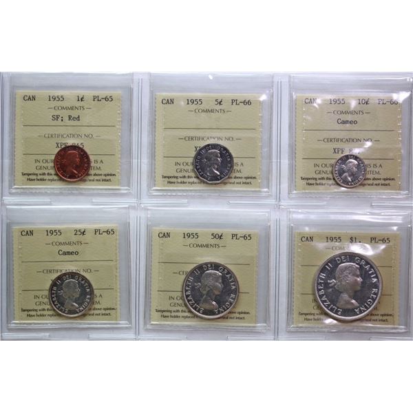 Proof-Like Set; 1955 "SF" PL Set.   1¢ is Red, 10¢ Cameo, 25¢ Cameo, $1 Cameo-  All 6 coins ICCS Gem