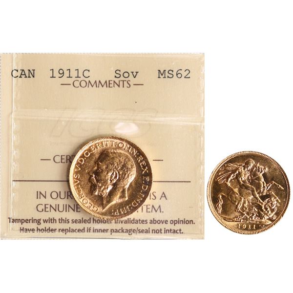 1911-C Gold Sovereign ICCS Choice Mint State-62