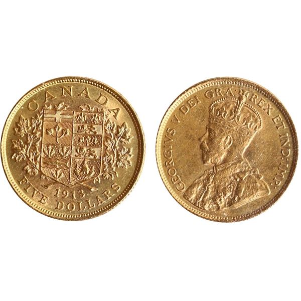 1913 $5 Gold ICCS Choice Mint State-63 Lustrous example.