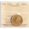 Image 2 : 1913 $5 Gold ICCS Choice Mint State-63 Lustrous example.
