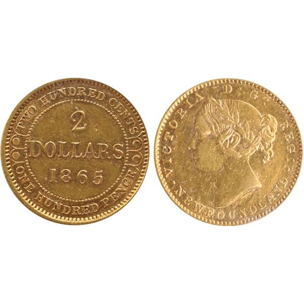 Nfld; 1865 $2 Gold ICCS Choice Extra Fine-45 Lustrous.