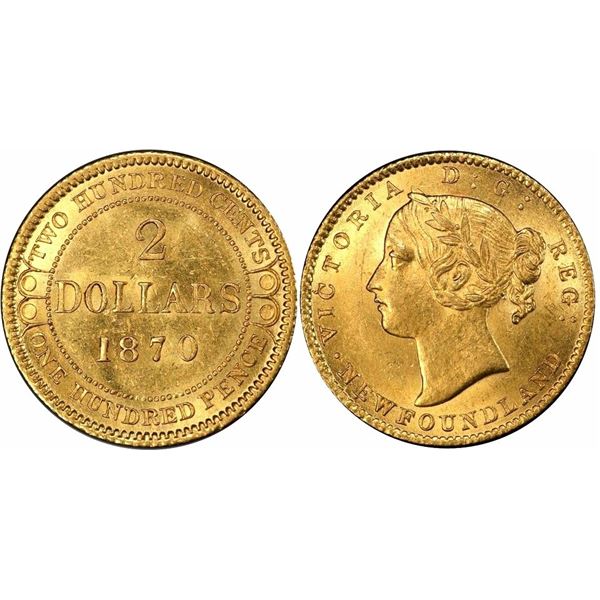 Nfld; 1870 $2 Gold "Obv.2 - 2 dots" ICCS Choice Mint State-63.  This is a pristine issue with great 