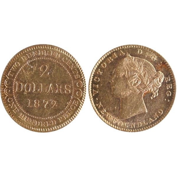 Nfld; 1872 $2 Gold ICCS Choice About Uncirculated-55 Lustrous.