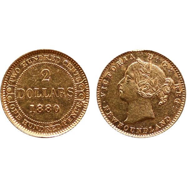 Nfld; 1880 $2 Gold - About Uncirculated -About Uncirculated-50 with scratch on obverse and light edg