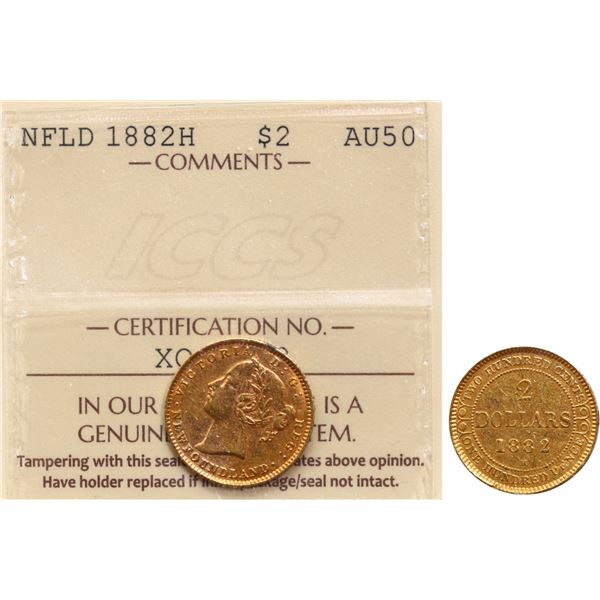 Nfld; 1882H $2 Gold ICCS About Uncirculated-50