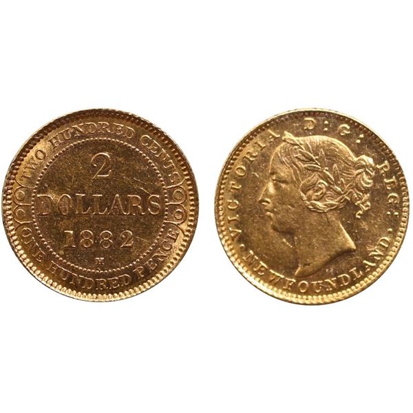 Nfld; 1882H $2 Gold ICCS Choice Mint State-63, well struck with nice surfaces and nice cameo contras