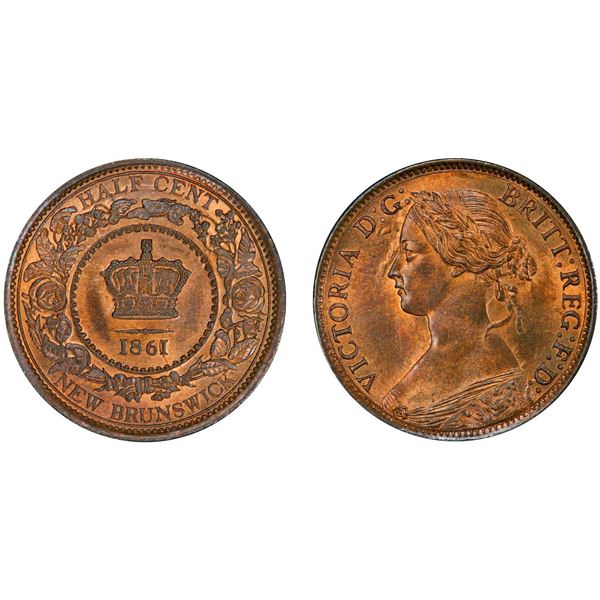 N.B. 1861 ½¢ PCGS Superb Gem Mint State-66RB.  An exceptional full lustre example. Vivid red and bro