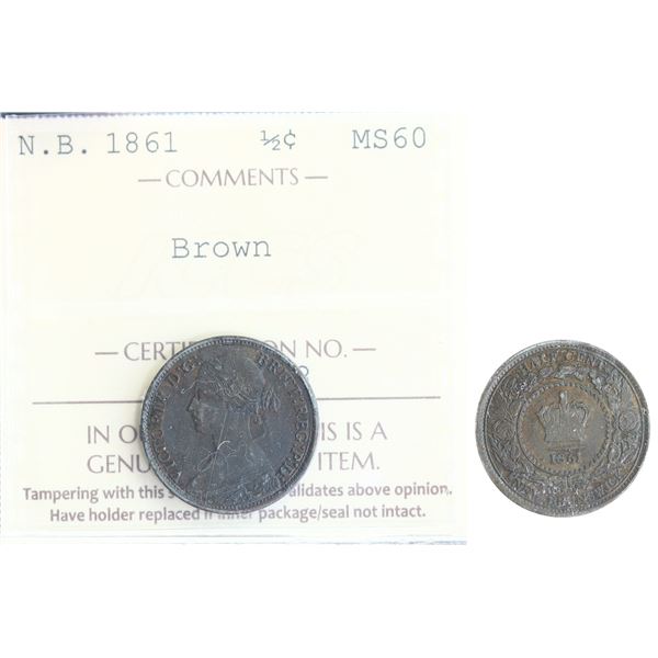 N.B. 1861 ½¢ ICCS Mint State-60.  A very nice example with traces of red.