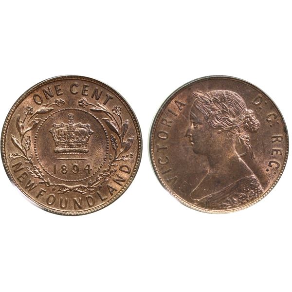 Nfld; 1894 1¢ PCGS Very Choice Mint State-64 RB -  65% RED lustre. Highly lustrous and attractive is