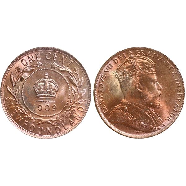 Nfld; 1909 1¢ ICCS Superb Gem Mint State-67 Full blazing Red - 100% Red lustre.  Simply a beauty!