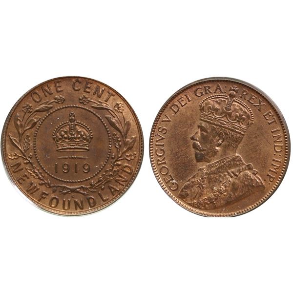 Nfld; 1919c 1¢ PCGS Gem Mint State-65 RB -  60% RED lustre. Lustrous and attractive issue.  Seldom s