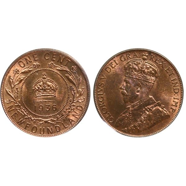 Nfld; 1936 1¢ PCGS Superb Gem Mint State-66 RB -  75% RED lustre. Lustrous and attractive issue.