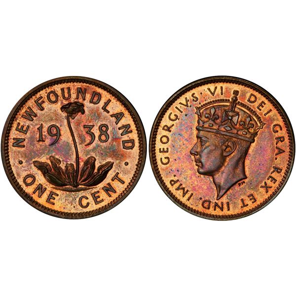 Nfld; 1938 1¢ PCGS Gem SPECIMEN-65RB.  Attractive and rare Specimen issue with great fields and refl