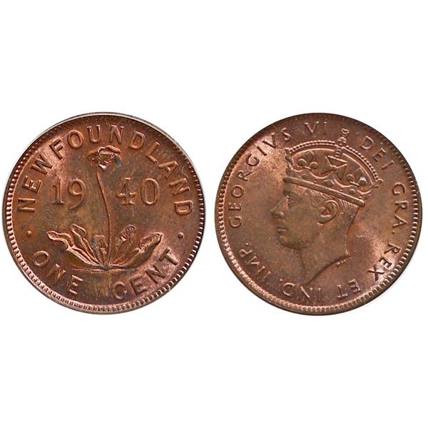 Nfld; 1940 1¢ PCGS Very Choice Mint State-64 RB -  75% RED lustre. Lustrous and attractive issue.  V