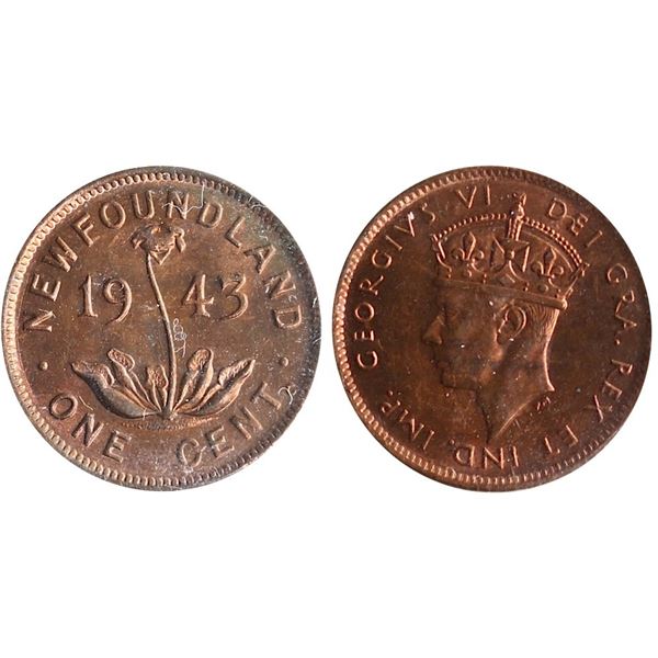 Nfld; 1943-C 1¢ ICCS Gem Mint State-65 Red, Amongst the best examples seen and handled by TCNC. Exce