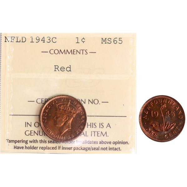 Nfld; 1943-C 1¢ ICCS Gem Mint State-65 Red, Amongst the best examples seen and handled by TCNC. Exce