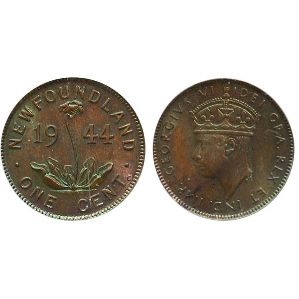 Nfld; 1944c 1¢ PCGS Choice Mint State-63 BN -  Attractive irridescent toning and highly lustrous exa