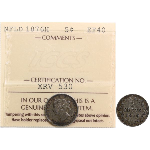 Nfld; 1876H 5¢ ICCS Extra Fine-40, Scarce date.