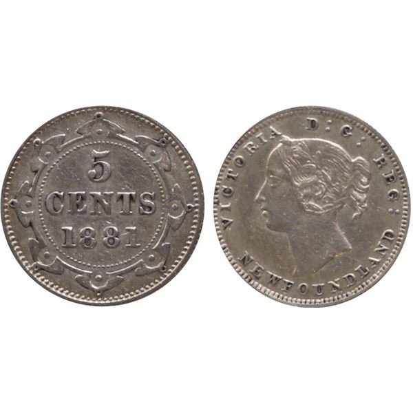 Nfld; 1881 5¢ ICCS About Uncirculated-50 Brilliant and lustrous.