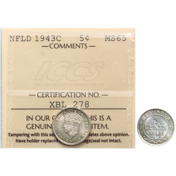 Nfld; 1943c 5¢ ICCS Gem Mint State-65 Brilliant and lustrous.