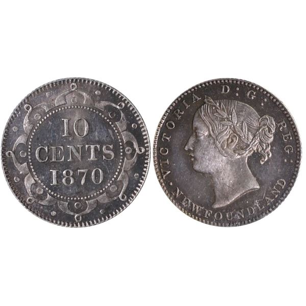 Nfld; 1870 10¢ "Obv.2" ICCS Gem Mint State-65. Delicate gold and russet tones over full underlying l