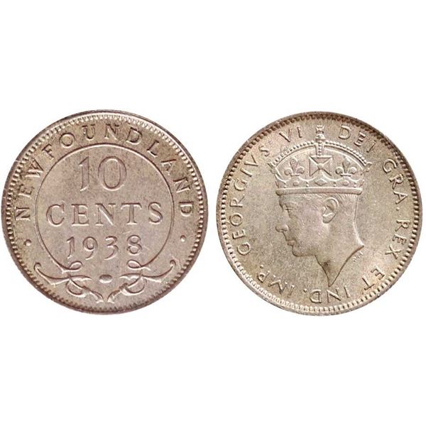 Nfld; 1938 10¢ ICCS Very Choice Mint State-64 Delicate toning over full underlying lustre.  A better