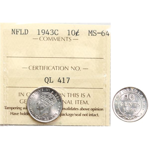 Nfld; 1943c 10¢ ICCS Very Choice Mint State-64 Brilliant and lustrous