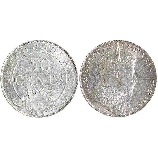 Nfld; 1908 50¢ ICCS Choice Mint State-63, Brilliant and lustrous.