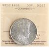 Image 2 : Nfld; 1908 50¢ ICCS Choice Mint State-63, Brilliant and lustrous.
